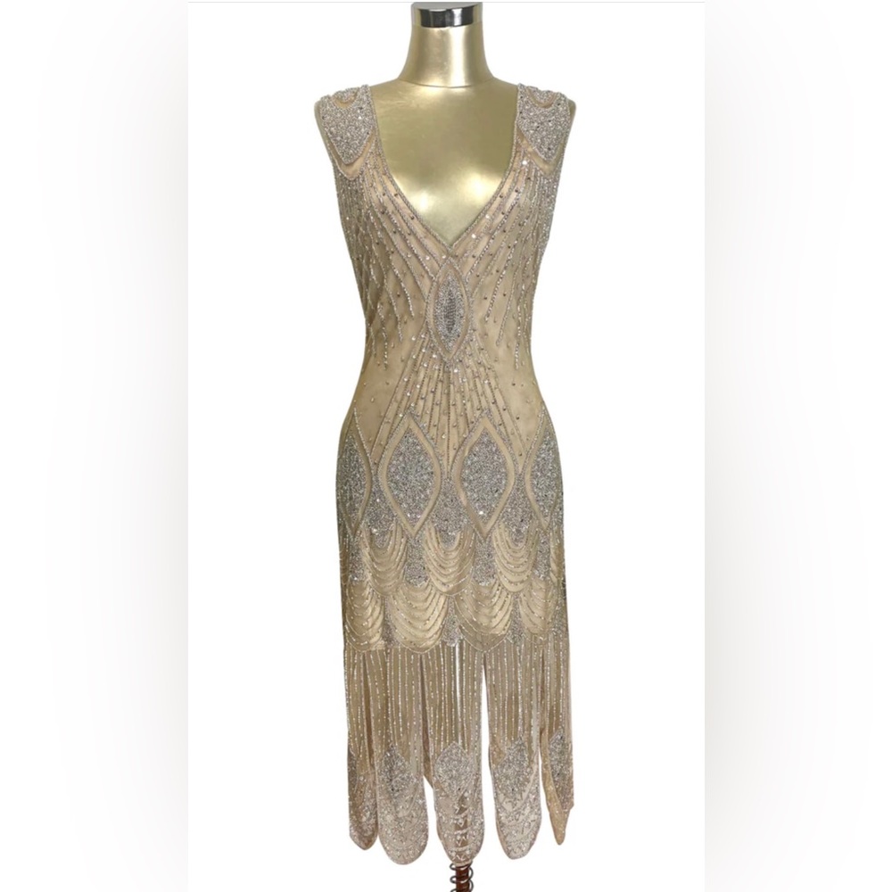 1920’s Beaded Flapper Dress, Champagne and Silver